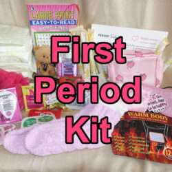 First period kit items displayed with feminine hygiene products, soothing comfort items, and indulgent healthy snacks.
