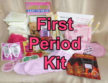 First period kit items displayed with feminine hygiene products, soothing comfort items, and indulgent healthy snacks.